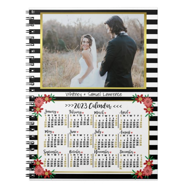 2023 Year Calendar Preppy Floral Stripes | Photo Notebook (Front)