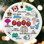 2023 Year in Review Ceramic Christmas Ornament<br><div class="desc">A Year In Review 2023 - This cute commemorative holiday ornament features some of the most memorable major event highlights, conflicts, trends, tragedies and changes of the past 12 months. Included are King Charles III's Coronation, the Banking Collapse, the ongoing conflict between Russia and Ukraine, devestating wildfires in Maui and...</div>