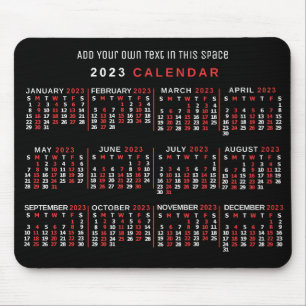 2023 Year Monthly Calendar Custom Black Red White Mouse Pad