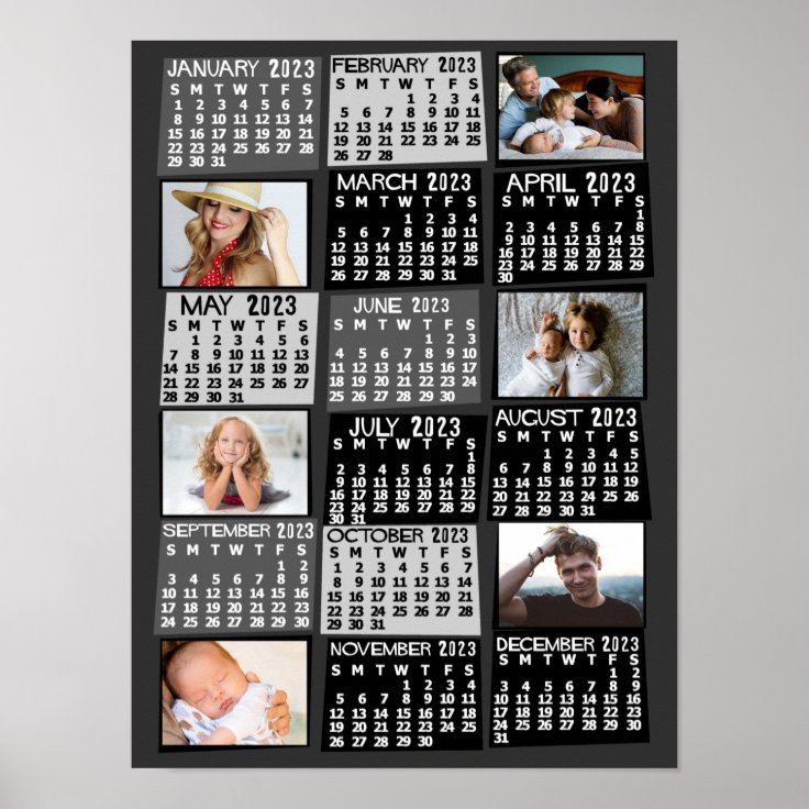 2023 Year Monthly Calendar Photo Collage Mod Black Poster | Zazzle