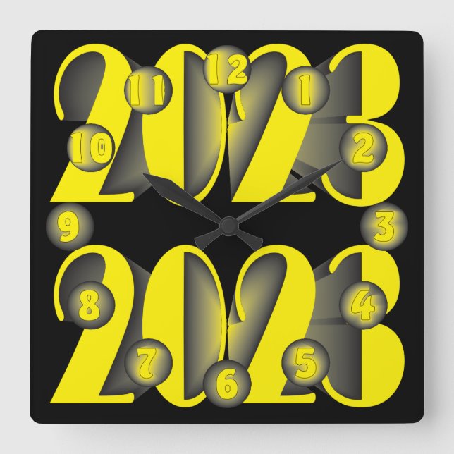 2023 year yellow black square wall clock (Front)