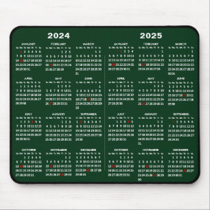 2024-2025 2 Year Calendar Simple Green US Holidays Mouse Pad