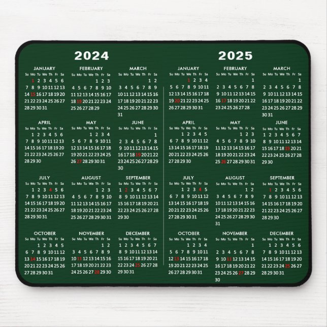 2024-2025 2 Year Calendar Simple Green US Holidays Mouse Pad (Front)