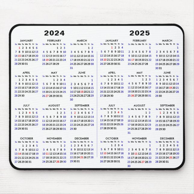 2024 - 2025 Calendar Simple Black with US Holidays Mouse Pad (Front)