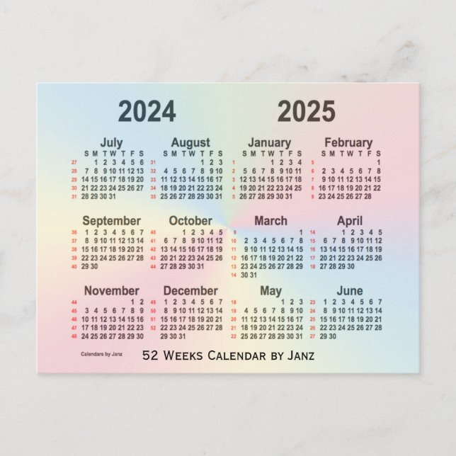 2024-2025 Rainbow 52 Weeks Calendar by Janz Postcard (Front)