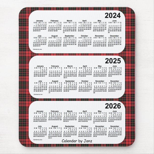 2024-2026 Red Plaid 3 Year Calendar by Janz Mouse Pad (Front)