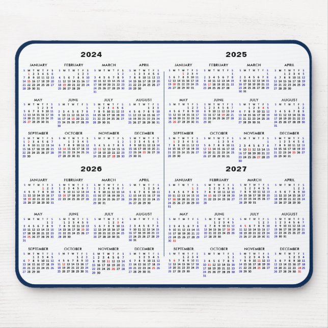 2024 - 2027 4 Year Calendar Simple Blue US Holiday Mouse Pad (Front)