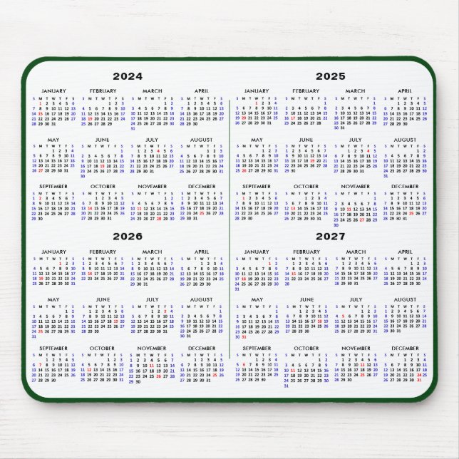 2024-2027 4 Year Calendar Simple Green US Holiday Mouse Pad (Front)