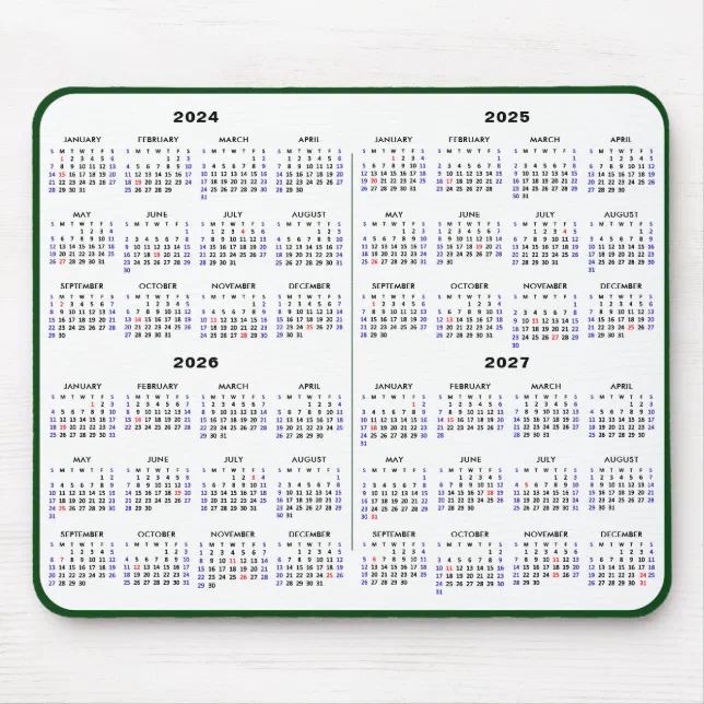 20242027 4 Year Calendar Simple Green US Holiday Mouse Pad Zazzle