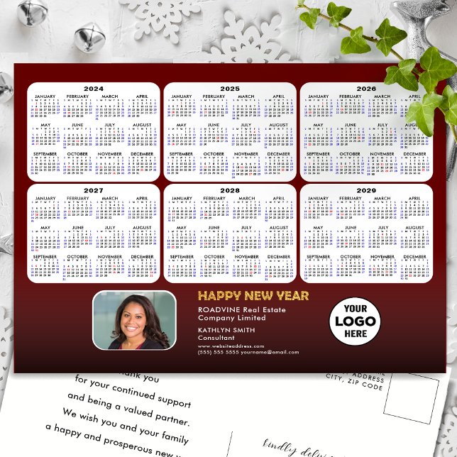 2024 - 2029  6 Year Calendar Modern Red Corporate Holiday Postcard (Creator Uploaded)