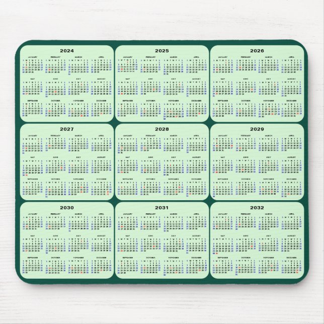 2024 - 2032 Calendar with US Holidays Dark Green Mouse Pad (Front)