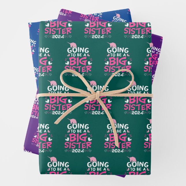 2024 Big Sister Unicorn Hearts Wrapping Paper Sheet (In situ)