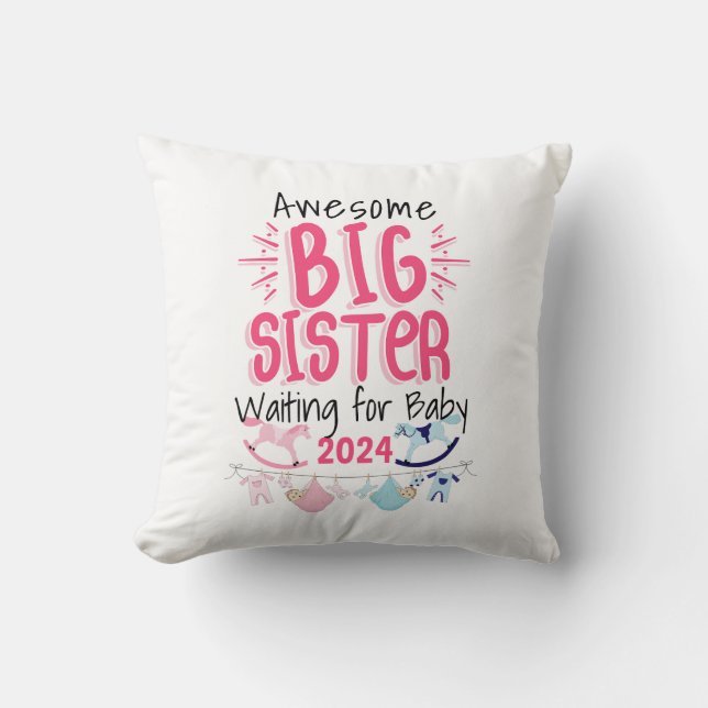 2024 Big Sister Waiting for New Baby Sibling Throw Pillow (Front)