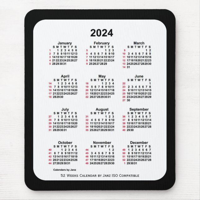 2024 Black 52 Weeks ISO Calendar by Janz Two Tone Mouse Pad (Front)