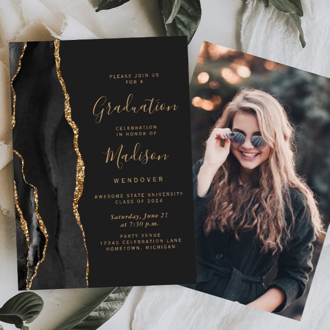 2024 Black Gold Agate Photo Dark Graduation Invitation (Creator Uploaded)