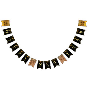 2024 Black Gold Happy New Year Party Bunting Flags
