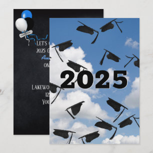 2024 Black Graduation Caps in Sky  Invitation