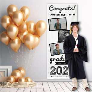 2024 Black Sketch 3 Photo Collage Graduation Party Banner
