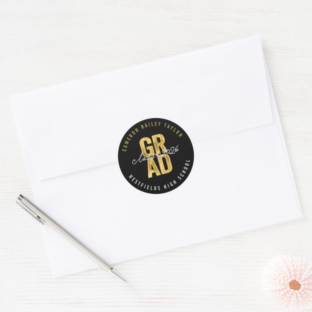 2024 Bold GRAD Gold & Black Stylish Graduation Classic Round Sticker (Envelope)