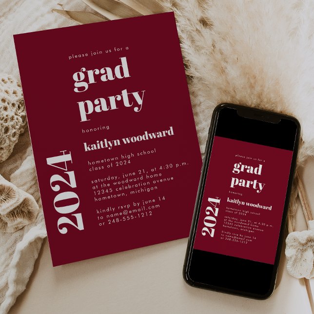 2024 Bold Typography Burgundy Graduation Party Invitation (Creator Uploaded)