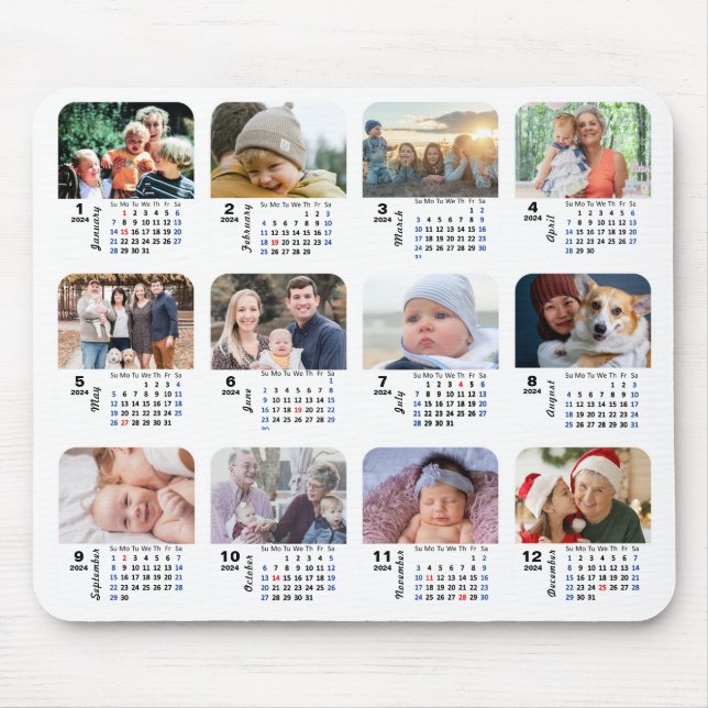 2024 Calendar 12 Family Photo Collage US Holidays  Mouse Pad (Front)