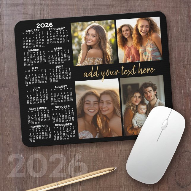 2024 Calendar - 4 photo collage modern script text Mouse Pad (2026 Calendar with a Photo Collage on a Mousepad)