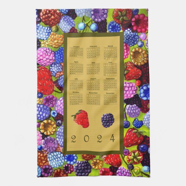 2024 Calendar Berries Border Blackberry Strawberry Kitchen Towel (Vertical)