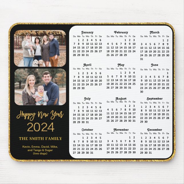 2024 Calendar Black Gold Script 2 Family Photo  Mouse Pad (Front)