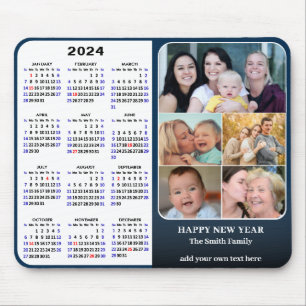 2024 Calendar Blue Family Photo Collage US Holiday Mouse Pad