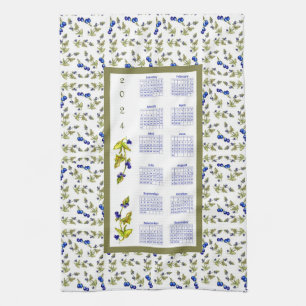 2024 Calendar Blueberries Stemmed Leaves, white Kitchen Towel