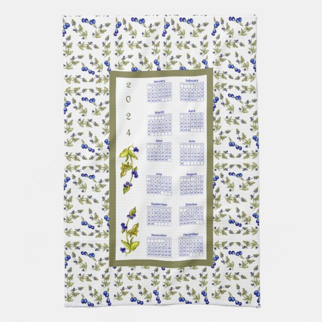 2024 Calendar Blueberries Stemmed Leaves, white Kitchen Towel (Vertical)