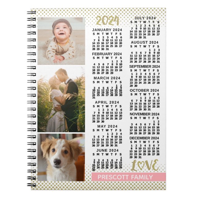 2024 Calendar Blush Pink Gold Family Photo Collage Notebook (Front)