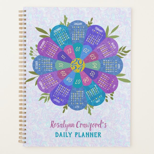 2024 Calendar Boho Purple Flower | Custom Name Planner (Front)
