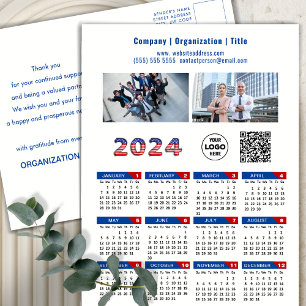 2024 Calendar Business Logo US Patriotic Blue Red Holiday Postcard