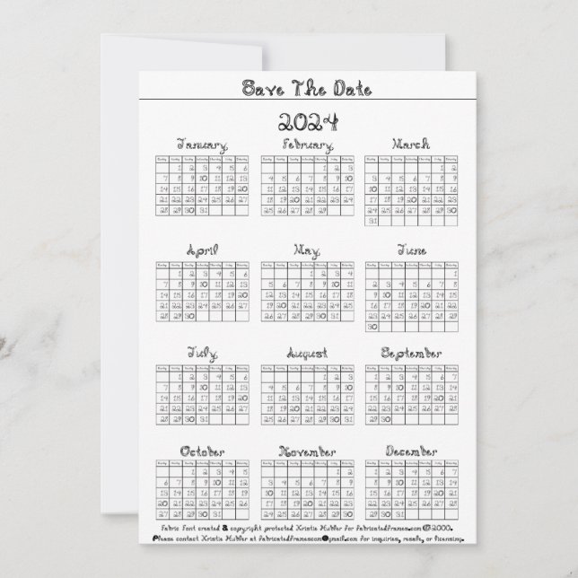 2024 Calendar Fabric Font Save The Date (Front)