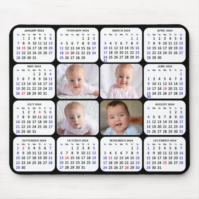 2024 Calendar Modern Black 4 Family Photo Simple Mouse Pad (Front)