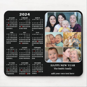 2024 Calendar Modern Black 5 Family Photo Collage Mouse Pad