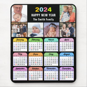 2024 Calendar Modern Black 6 Family Photo Collage Mouse Pad