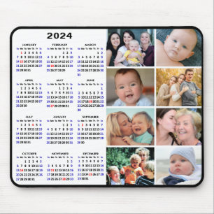 2024 Calendar Modern Black 8 Family Photo Collage Mouse Pad