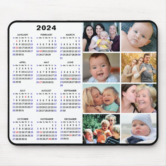 2024 Calendar Modern Black 8 Family Photo Collage Mouse Pad (Front)