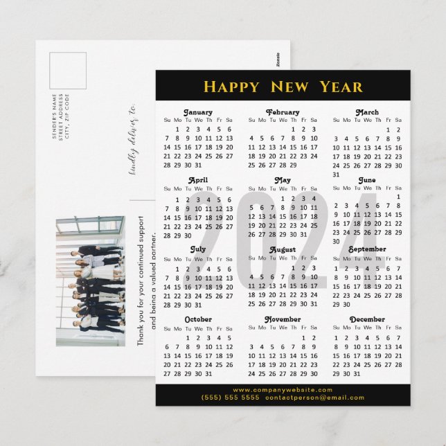 2024 Calendar Modern Black Gold Business Photo Holiday Postcard (Front/Back)