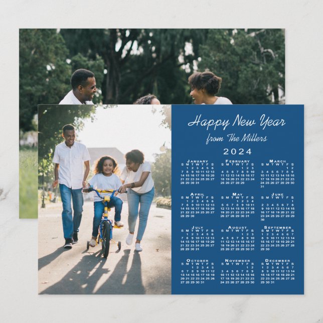 2024 Calendar Modern Blue 2 Photo Happy New Year Holiday Card (Front/Back)