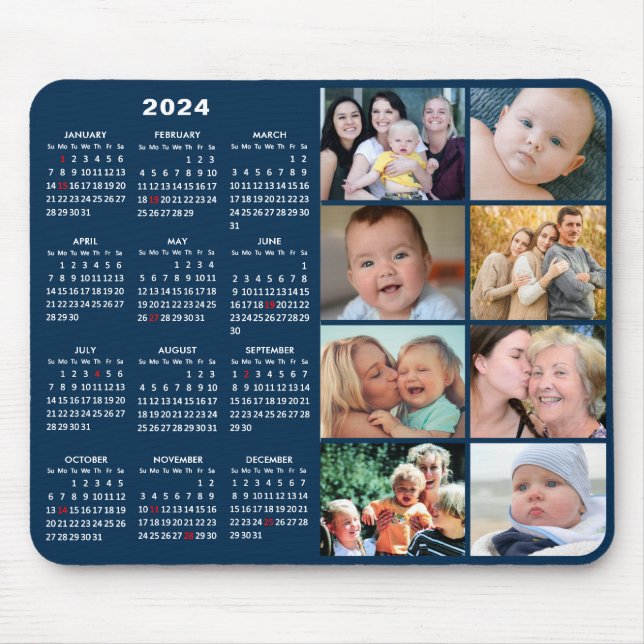 2024 Calendar Modern Blue 8 Family Photo Collage Mouse Pad (Front)