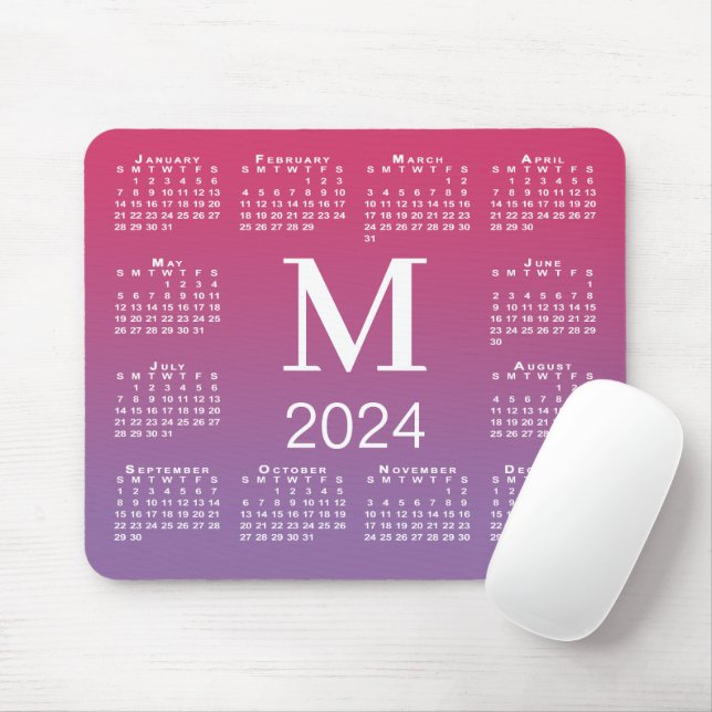 2024 Calendar Monogram on Pink to Purple Gradient Mouse Pad (With Mouse)