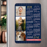 2024 Calendar Navy Coral Gold Family Photo Collage Magnet<br><div class="desc">Celebrate 2024 with this preppy photo collage calendar magnet. With easy-to-read dates in bold white, this beautifully simple calendar has the words "2024" and "LOVE" in faux gold glitter with a bright coral pink bar along the bottom for your personalized family name or other text. The background is navy blue....</div>