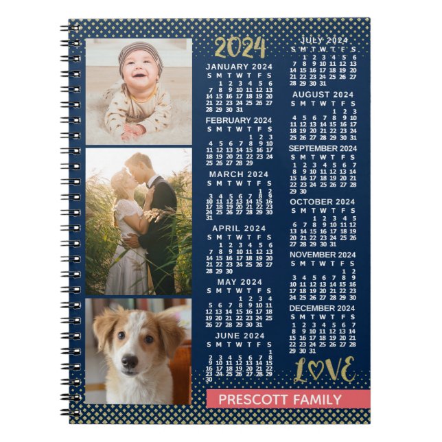 2024 Calendar Navy Coral Gold Family Photo Collage Notebook (Front)