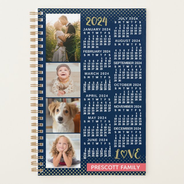 2024 Calendar Navy Coral Gold Photo Collage Small Planner (Front)
