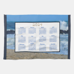 2024 Calendar Ocean Waves Beach Rocks Photo Kitchen Towel