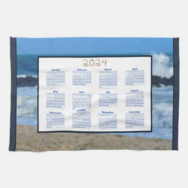 2024 Calendar Ocean Waves Beach Rocks Photo Kitchen Towel (Horizontal)