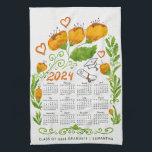 2024 Calendar Orange Class of 2024 Graduate Kitchen Towel<br><div class="desc">Create a unique kitchen towel as a gift for a class of 2024 graduate. The design features orange watercolor flowers and green foliage design decorated with graduate's hat and diploma and hearts. Type the grad's name to personalize the towel with a Sunday through Saturday 2024 calendar. It's a cute gift...</div>